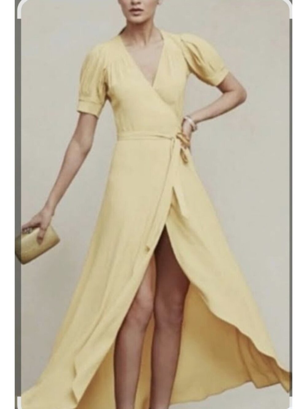 Reformation Winslow Yellow Wrap Maxi Dress Women's S V-Neck Puff Sleeve Crepe
